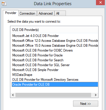 Selecting the Oracle Provider for OLE DB